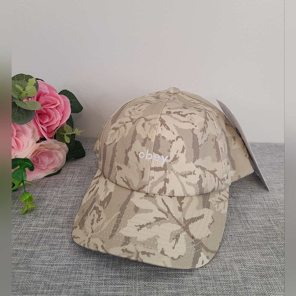 NWT OBEY Beige Embroidered Adjustable Baseball Hat Cap One Size 100% Cotton